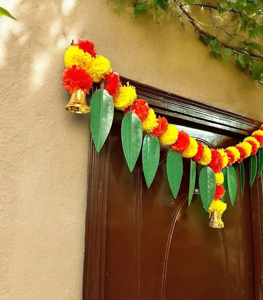 44 Inch Marigold Door Garland with Green Leaves & Golden Bells – Artificial Flower Toran for Entrance & Festive Decoration