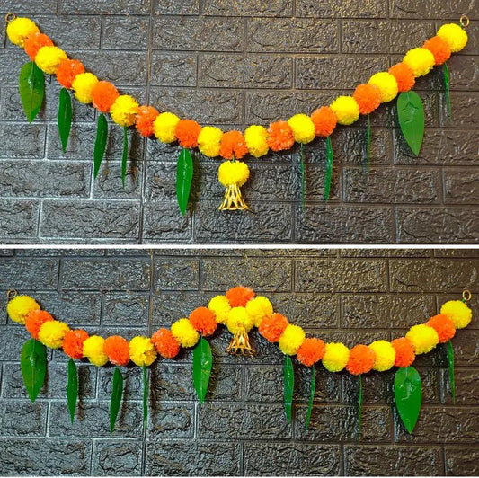 Marigold Door Garland with 10 Green Leaves & 1 Golden Bell – Artificial Flower Toran for Door & Festive Decoration
