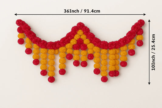 Toran Garland for Door Decoration – Red & Yellow Pom-Pom Wall Hanging (36 x 10 Inch)