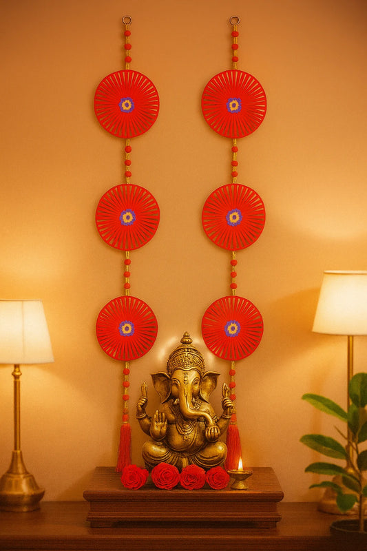 Pack of 2 Ribbon Ladi Wall Hangings – Traditional Decorative Toran with Red Floral Fans & Tassels