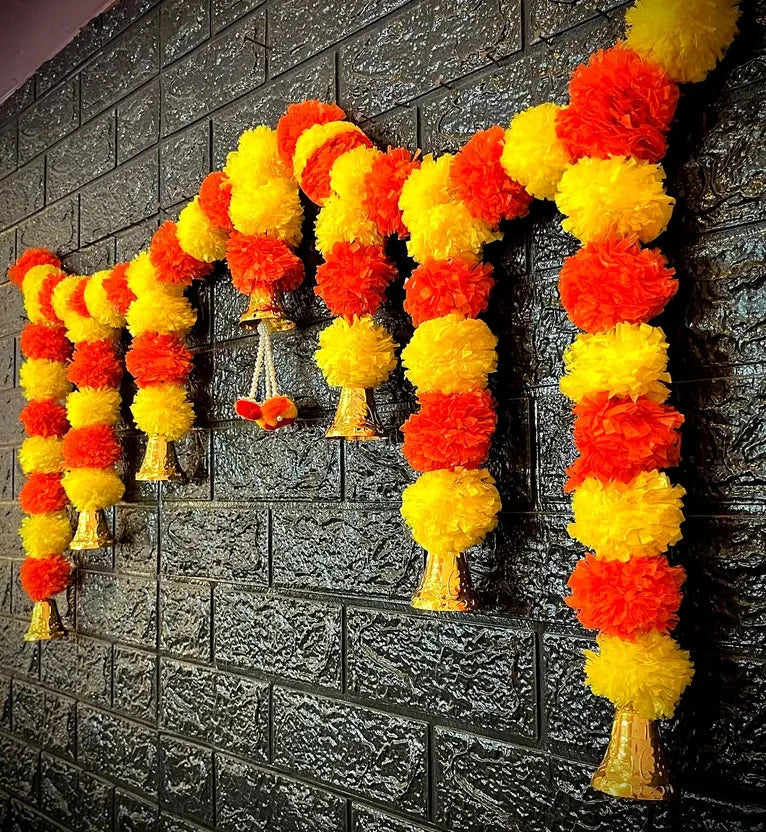 Artificial Marigold Door Garland with Golden Bells & Guchha – Decorative Toran for Home & Festive Décor