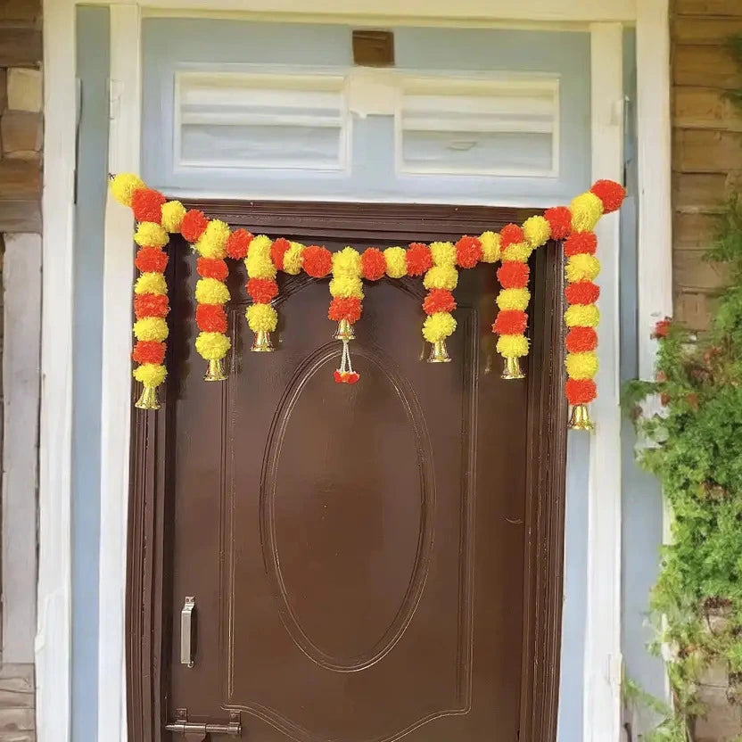 Artificial Marigold Door Garland with Golden Bells & Guchha – Decorative Toran for Home & Festive Décor