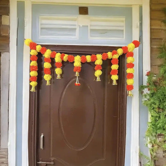 Artificial Marigold Door Garland with Golden Bells & Guchha – Decorative Toran for Home & Festive Décor