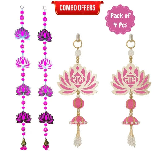 Pack of 4 Lotus Shubh Labh Combo Wall Hanging | Decorative Toran Set for Home, Entrance & Pooja Room