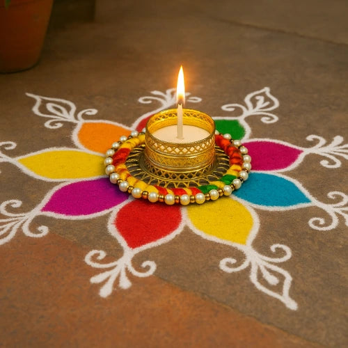 Round Tealight Golden Decorative Candle Stand with Free Candle | Festive & Home Decor Special