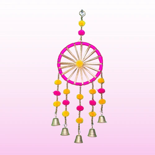 Pack of 3 – Wall Hanging Chakri Pom Pom with Metal Bells | 14 Inch Decorative Hangings for Home & Festive Décor