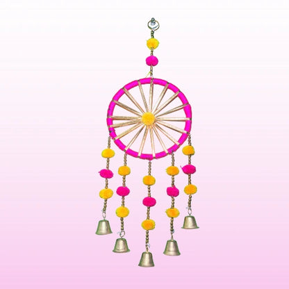 Pack of 5 – Wall Hanging Chakri Pom Pom with Metal Bells | 14 Inch Decorative Hangings for Home, Temple & Festive Décor
