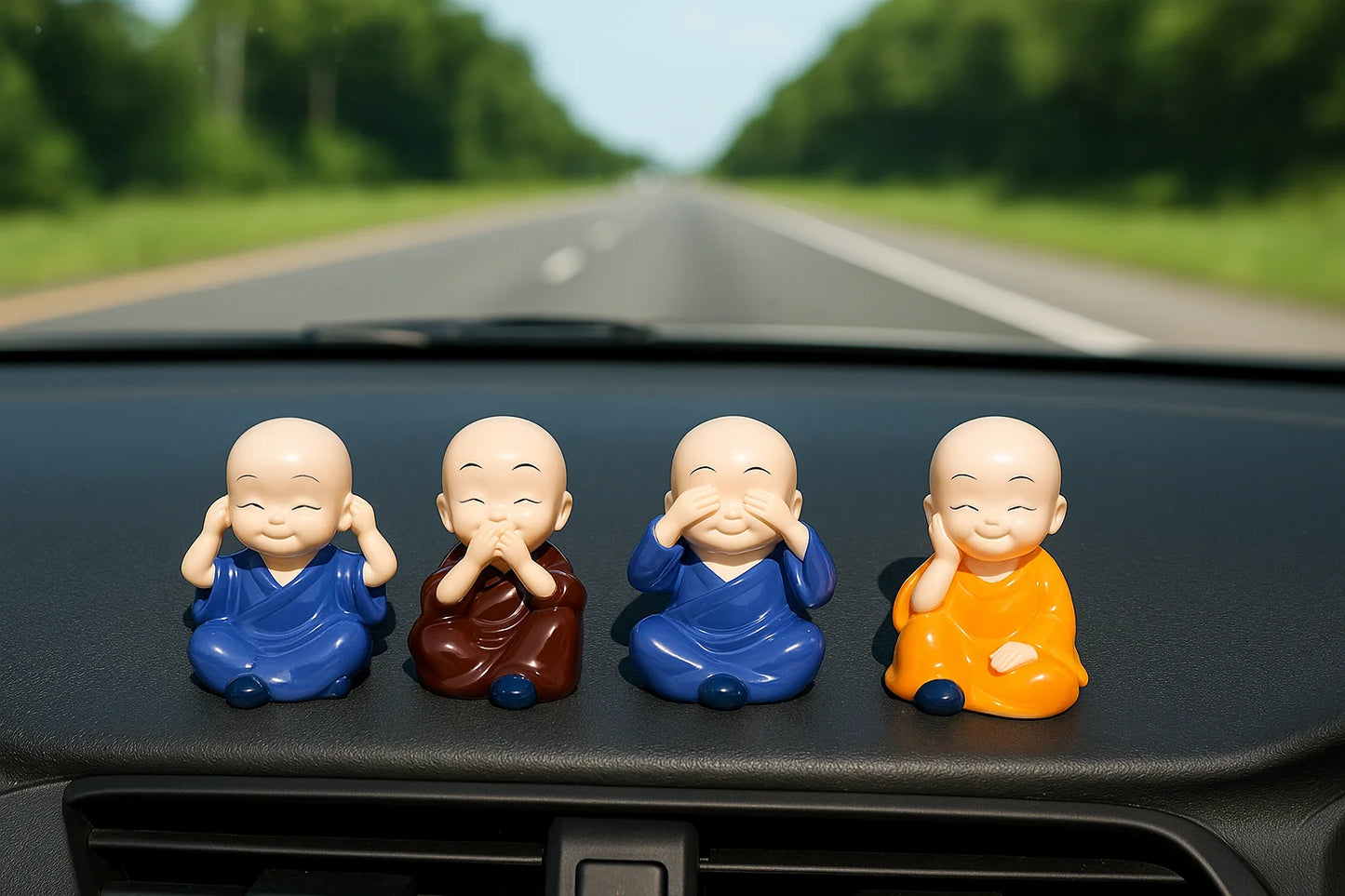 Set of 4 Miniature Buddha Monk Statues – Cute Dashboard & Home Décor Figurines