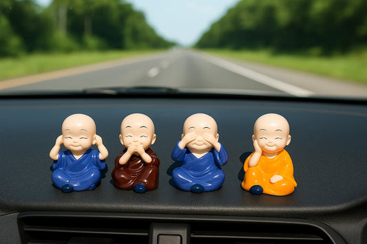 Set of 4 Miniature Buddha Monk Statues – Cute Dashboard & Home Décor Figurines