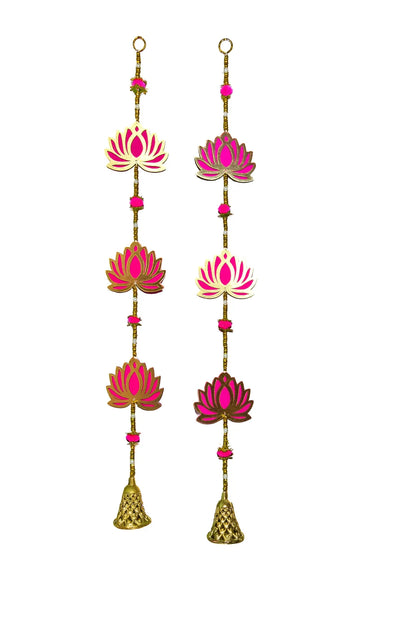 (Pack of 2) Lotus Ladi Wall Hanging Torans – 3 Lotus with Golden Bell for Festive & Home Decor
