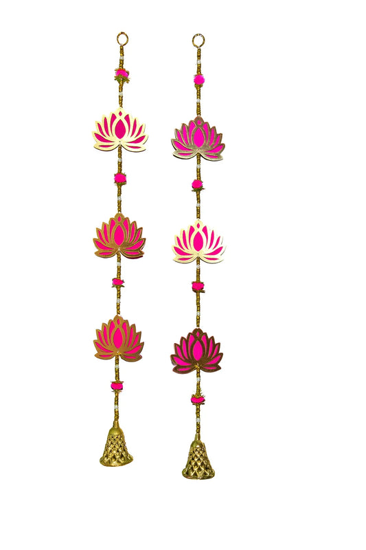 (Pack of 2) Lotus Ladi Wall Hanging Torans – 3 Lotus with Golden Bell for Festive & Home Decor