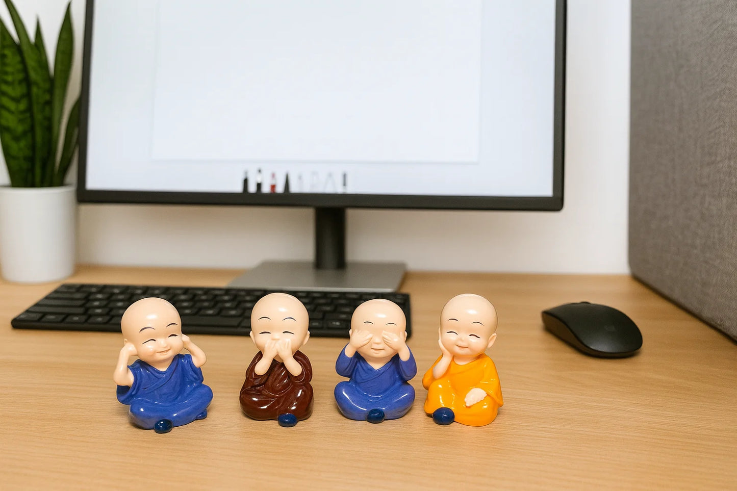 Set of 4 Miniature Buddha Monk Statues – Cute Dashboard & Home Décor Figurines