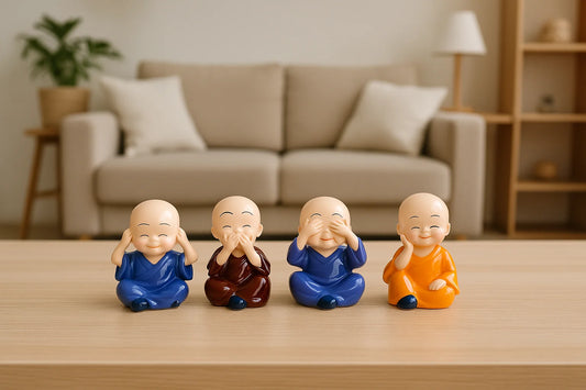 Set of 4 Miniature Buddha Monk Statues – Cute Dashboard & Home Décor Figurines