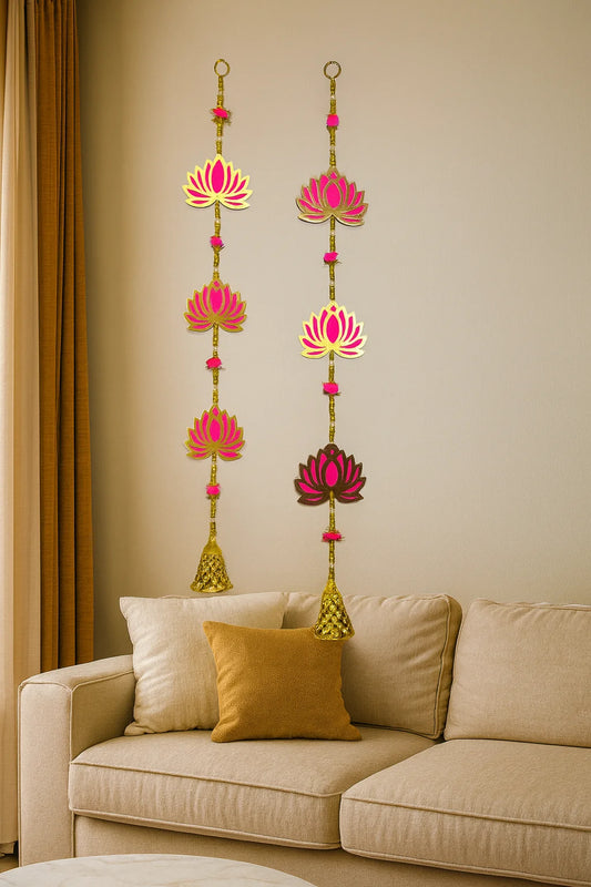 (Pack of 2) Lotus Ladi Wall Hanging Torans – 3 Lotus with Golden Bell for Festive & Home Decor