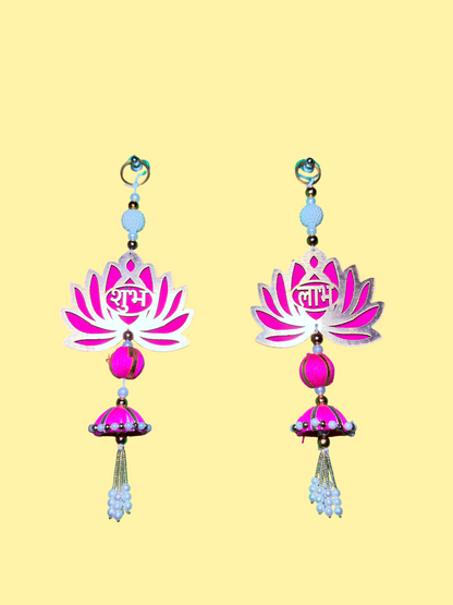 Subh-Labh Lotus Wall Hanging with Dome & Pearl Tassels – Pack of 2