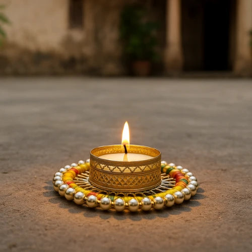 Round Tealight Golden Decorative Candle Stand with Free Candle | Festive & Home Decor Special