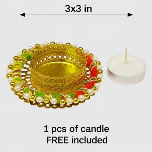 Round Tealight Golden Decorative Candle Stand with Free Candle | Festive & Home Decor Special