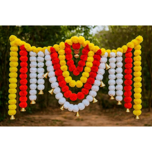 Ganeshji Big Toran with Artificial Marigold Flowers & Golden Bells – 40 Inch Decorative Door Hanging