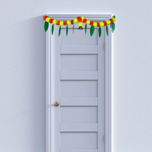 Marigold Door Garland with 10 Green Leaves & 1 Golden Bell – Artificial Flower Toran for Door & Festive Decoration