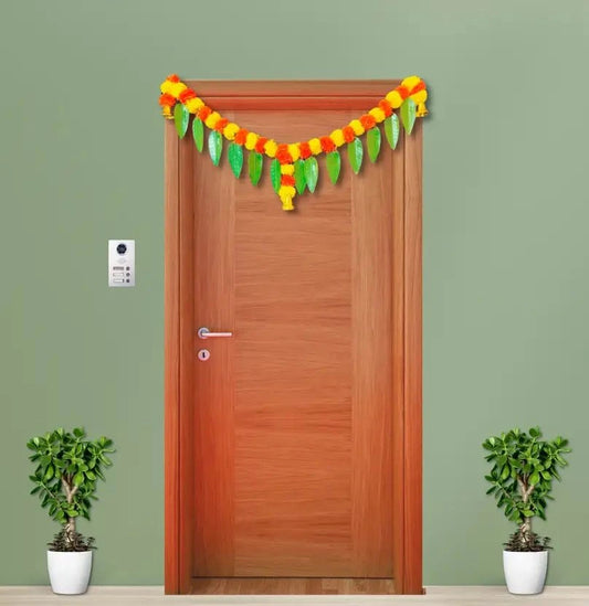 44 Inch Marigold Door Garland with Green Leaves & Golden Bells – Artificial Flower Toran for Entrance & Festive Decoration