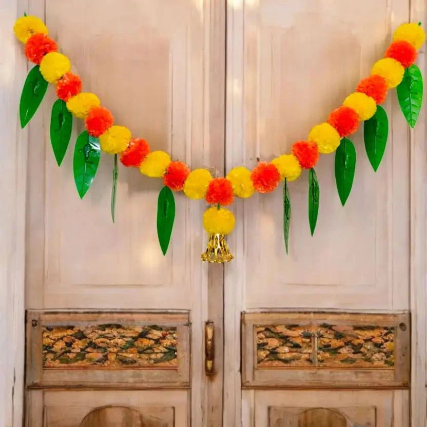 Marigold Door Garland with 10 Green Leaves & 1 Golden Bell – Artificial Flower Toran for Door & Festive Decoration