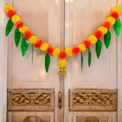 Marigold Door Garland with 10 Green Leaves & 1 Golden Bell – Artificial Flower Toran for Door & Festive Decoration