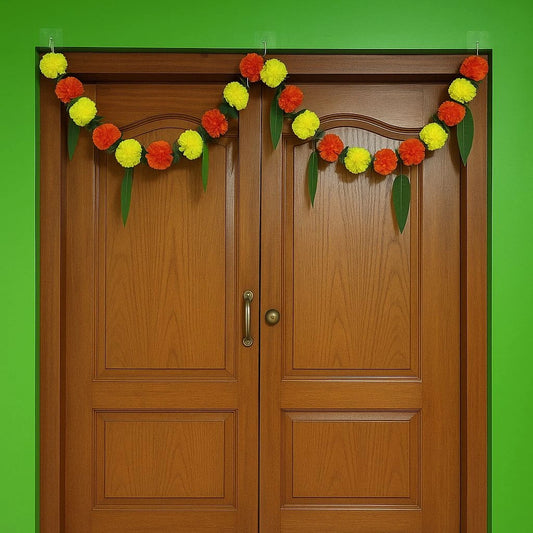 Marigold Door Garland with 10 Green Leaves  – Artificial Flower Toran for Door & Festive Decoration
