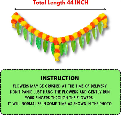 44 Inch Marigold Door Garland with Green Leaves & Golden Bells – Artificial Flower Toran for Entrance & Festive Decoration