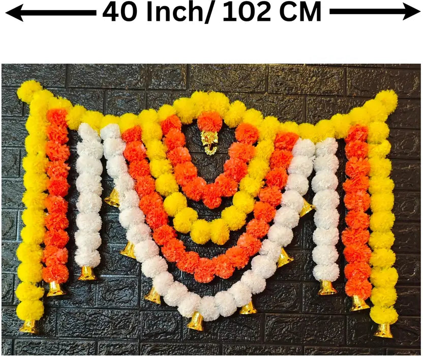 Ganeshji Big Toran with Artificial Marigold Flowers & Golden Bells – 40 Inch Decorative Door Hanging