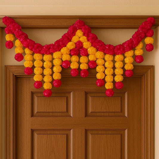 Toran Garland for Door Decoration – Red & Yellow Pom-Pom Wall Hanging (36 x 10 Inch)