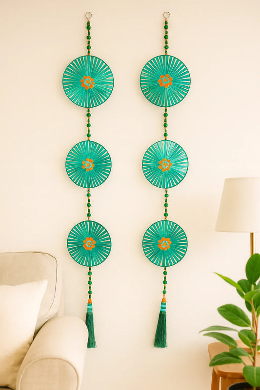Pack of 2 Ribbon Ladi Wall Hangings – Traditional Decorative Toran with Red Floral Fans & Tassels