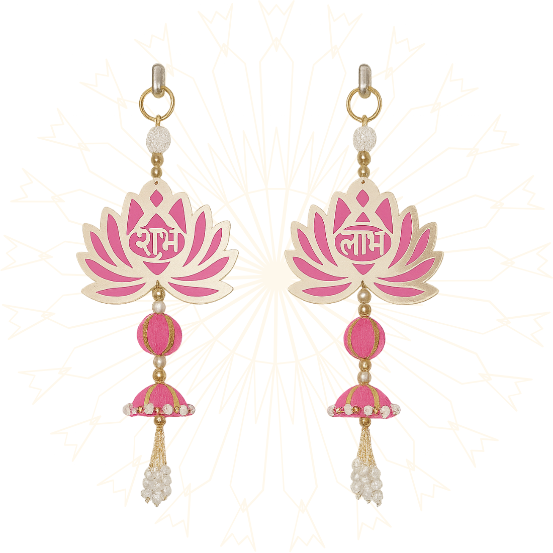 Subh-Labh Lotus Wall Hanging with Dome & Pearl Tassels – Pack of 2