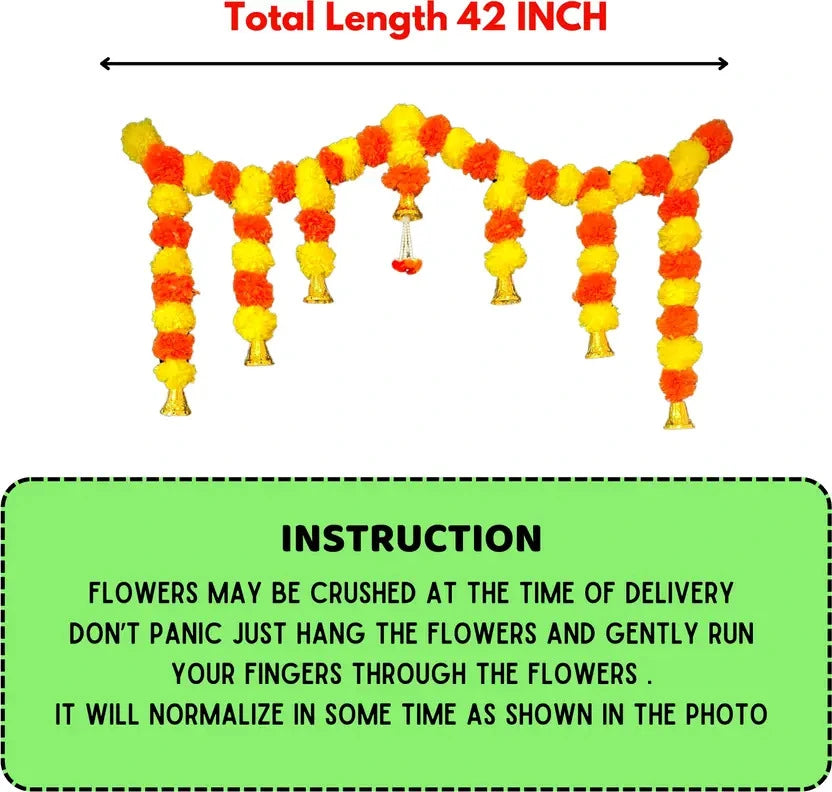 Artificial Marigold Door Garland with Golden Bells & Guchha – Decorative Toran for Home & Festive Décor