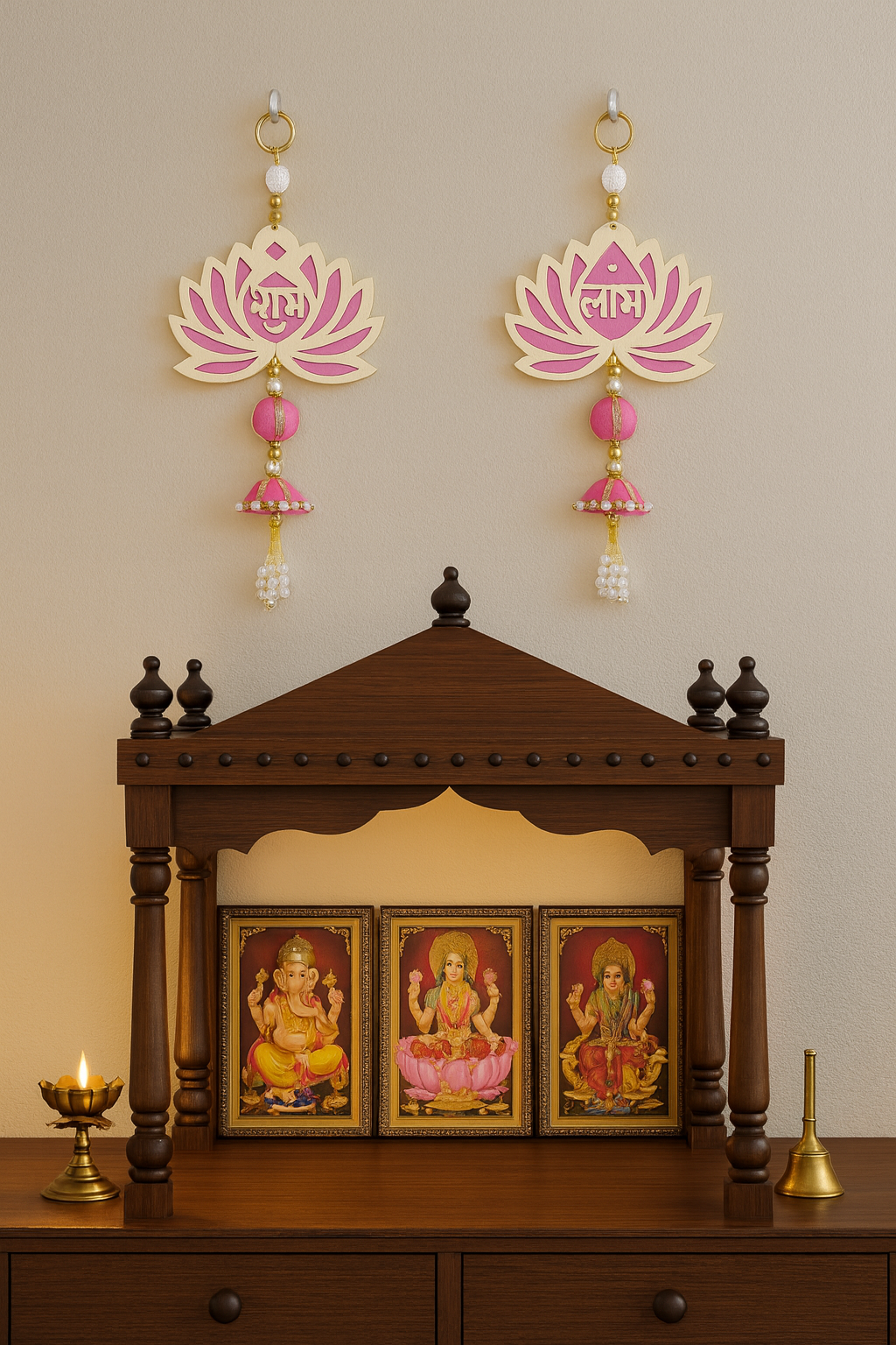 Subh-Labh Lotus Wall Hanging with Dome & Pearl Tassels – Pack of 2