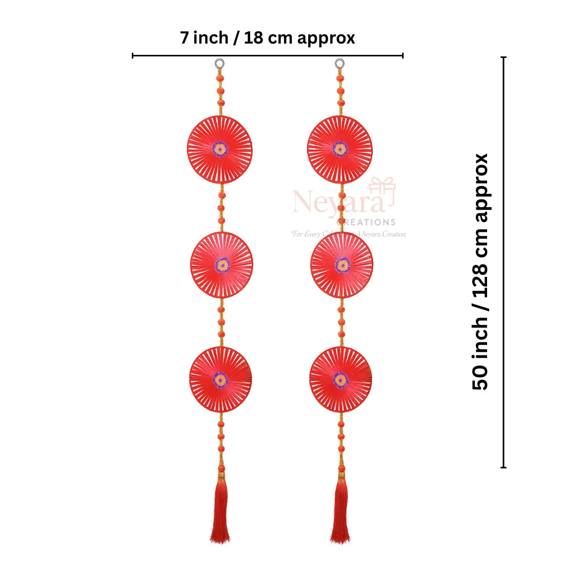 Pack of 2 Ribbon Ladi Wall Hangings – Traditional Decorative Toran with Red Floral Fans & Tassels