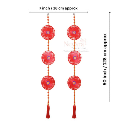 Pack of 2 Ribbon Ladi Wall Hangings – Traditional Decorative Toran with Red Floral Fans & Tassels