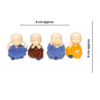 Set of 4 Miniature Buddha Monk Statues – Cute Dashboard & Home Décor Figurines
