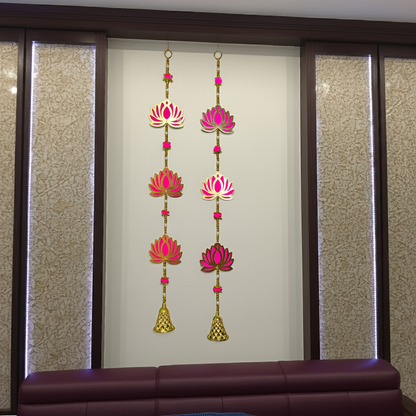 (Pack of 2) Lotus Ladi Wall Hanging Torans – 3 Lotus with Golden Bell for Festive & Home Decor